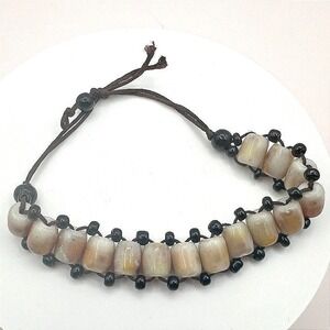 Vintage Brown Cord Woven Macrame Bracelet Neutral Ceramic Color Glass Seed Bead‎